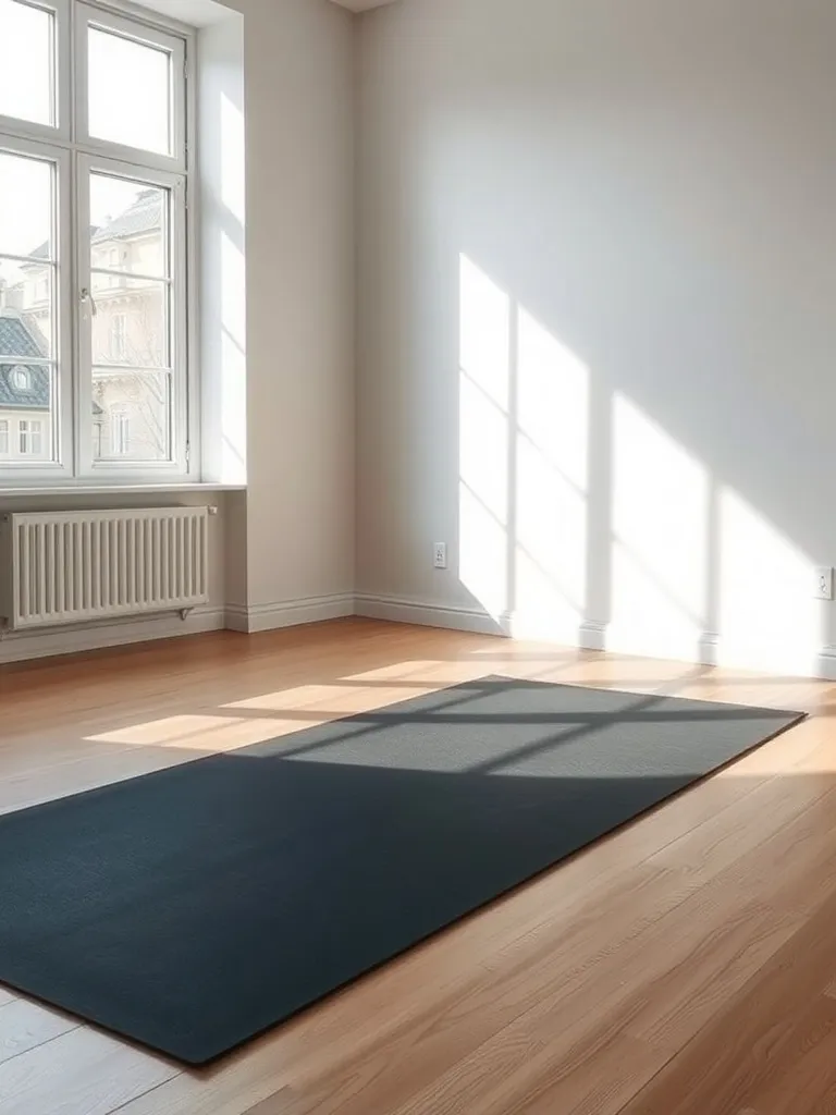 A minimalist home yoga space with a dark mat on a wooden flo