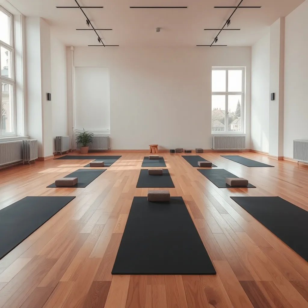 A minimalist, modern yoga studio interior in Budapest with w