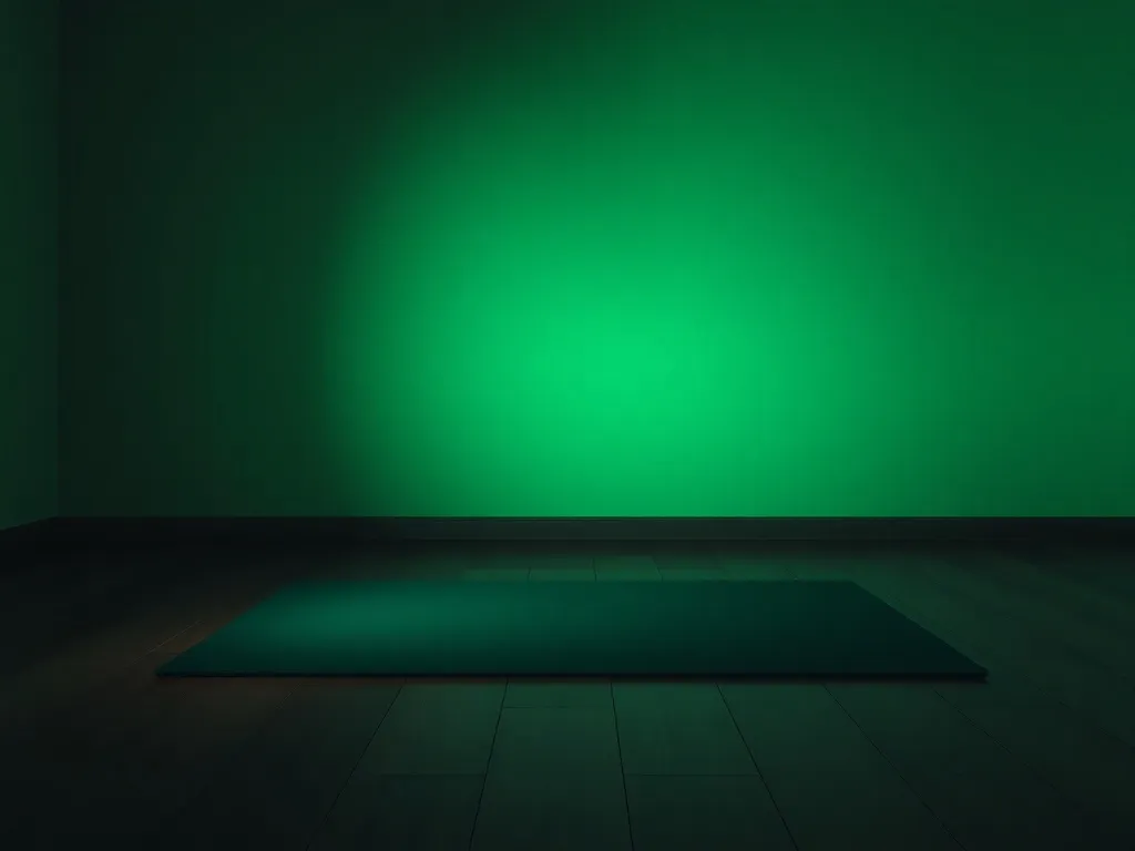 Minimalist dark yoga studio with a single mat on a wooden fl